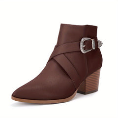 Women's Pointed Toe Ankle Boots Cross Buckle Strap Side Zip Short Boots