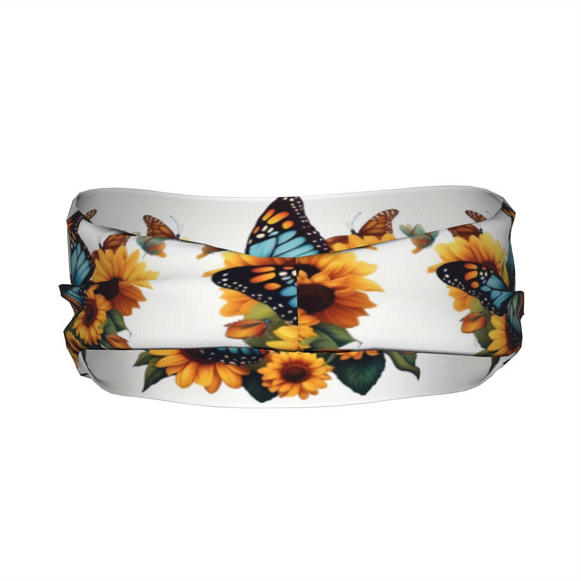 Sunflower & Butterfly Print Sports Headband - Stretchy & Breathable Polyester
