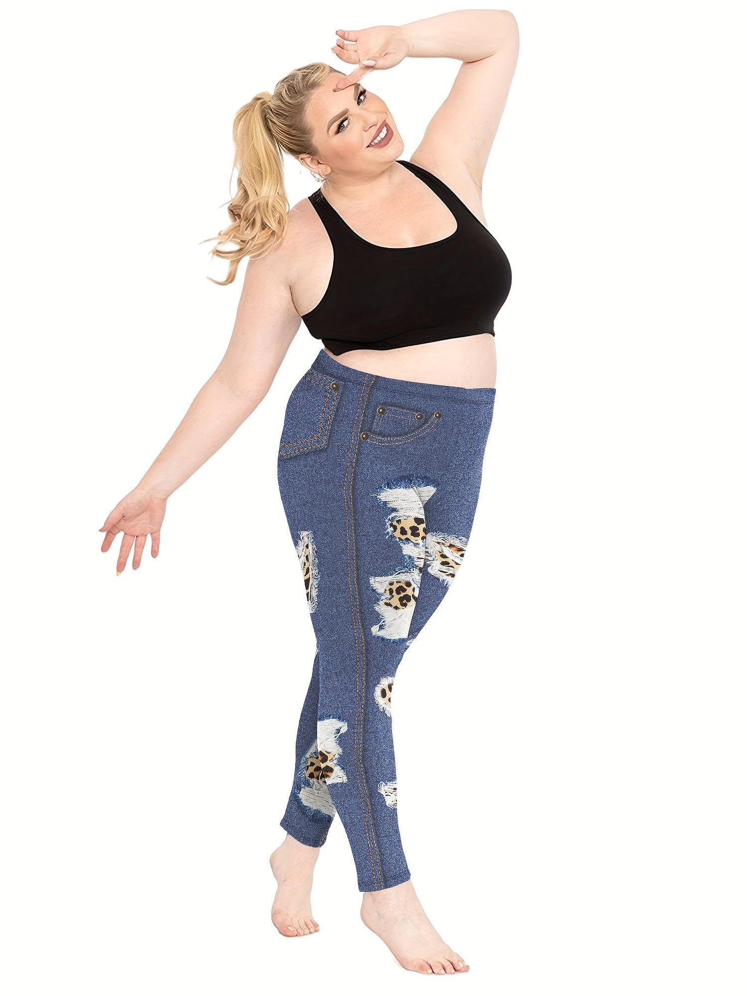 Denim & Leopard Print High Rise Fitness Leggings