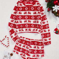 Christmas Plush Pajama Set Crew Neck Long Sleeve Top & Shorts