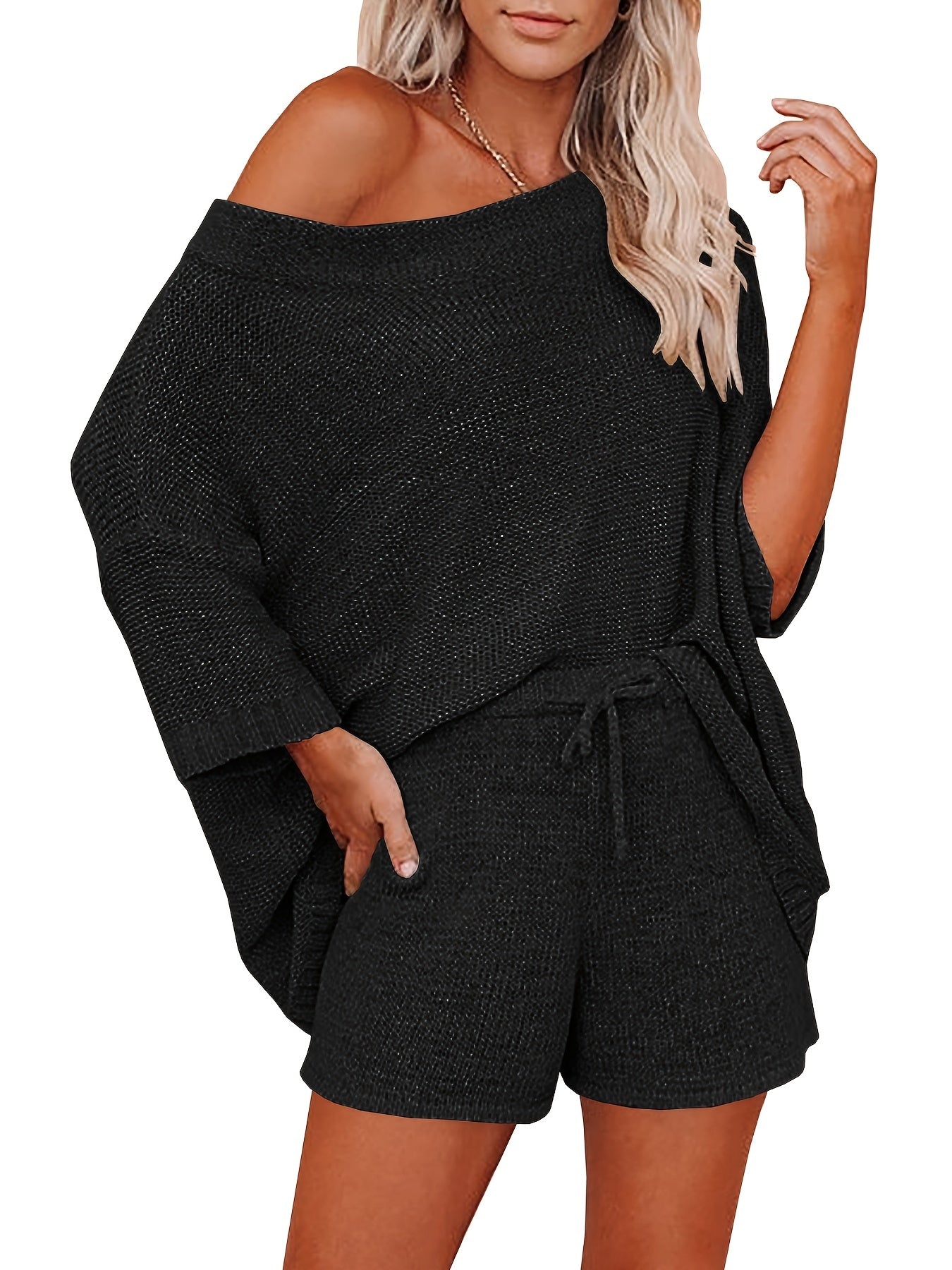 Slanted Shoulder Loose Tops & Drawstring Wide Leg Shorts Set