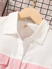 Toddler Girls Puff Sleeve Button Block Casual Belted Shirt Dress