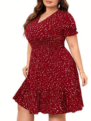 Dot Print Puff Sleeve V Neck Knee Length Dress
