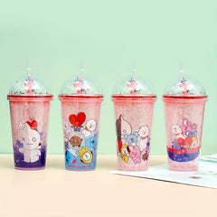 Animal Pattern Plastic Water Cup With Straw