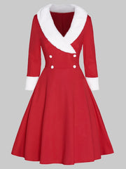 Retro Dress Women's Plus Colorblock Fleece Button Decor Long Sleeve