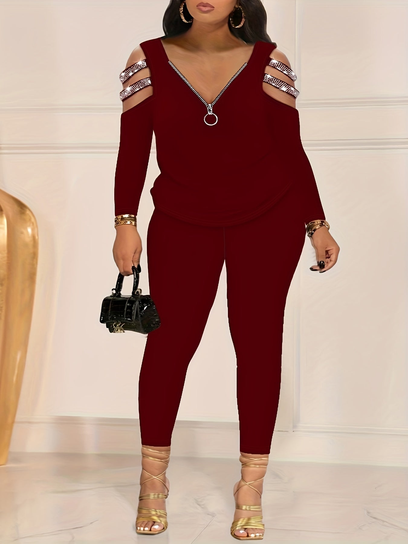 Colorblock Rhinestone Zipper Top & Leggings Set