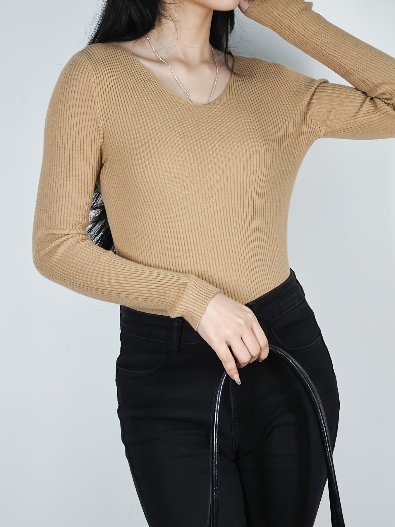 Solid V Neck Sweater Long Sleeve Casual Tops for Women