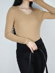 Solid V Neck Sweater Long Sleeve Casual Tops for Women