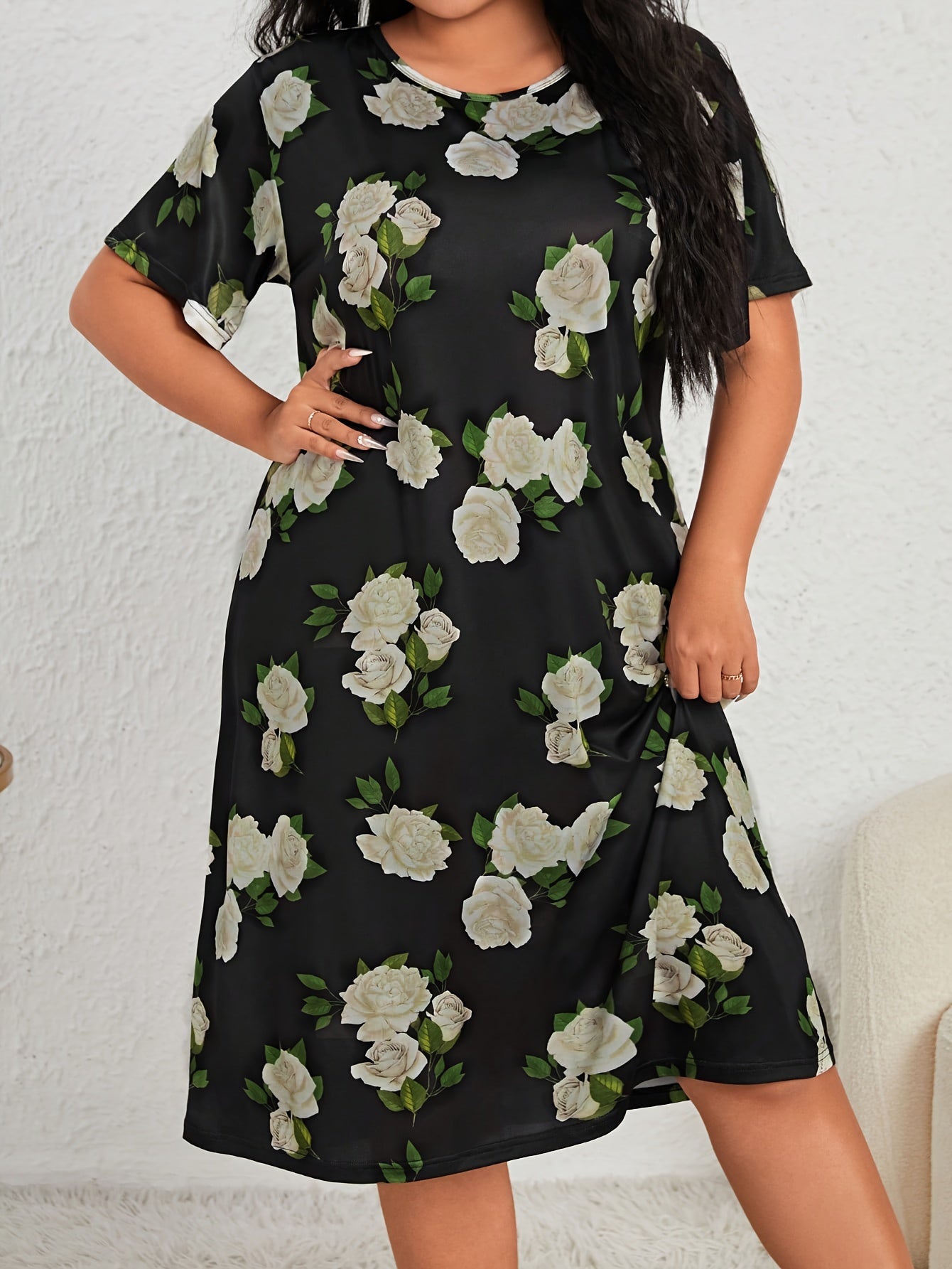 Nightdress Women's Plus Floral Print Short Sleeve Tee Sleep Dress