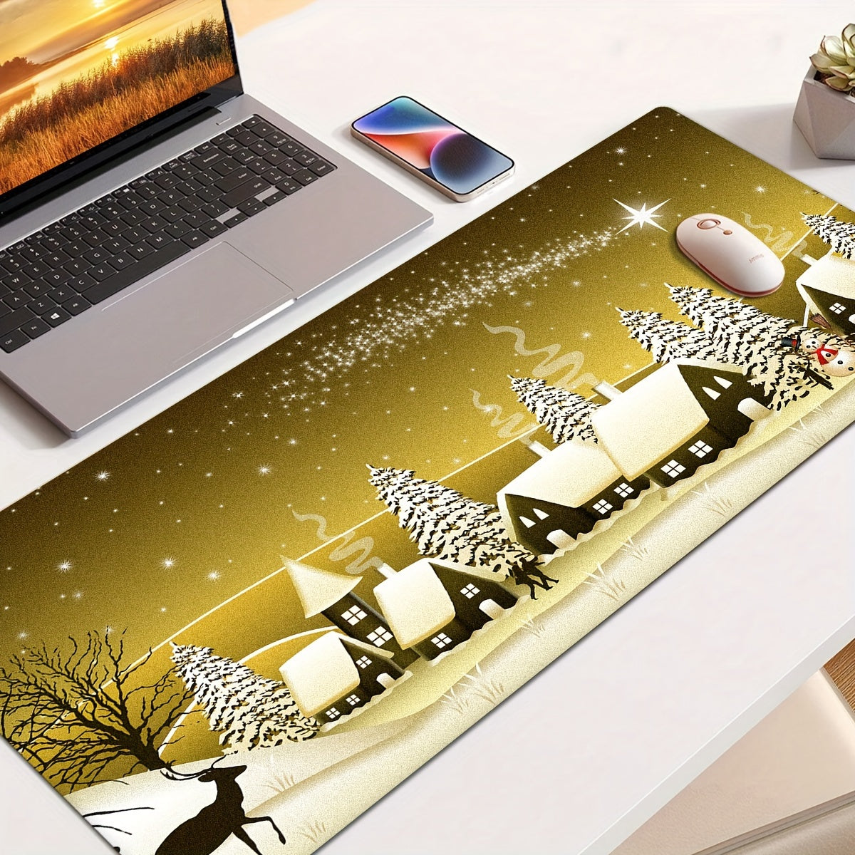 Christmas Dark Yellow Sky Stars Cartoon Mouse Pad