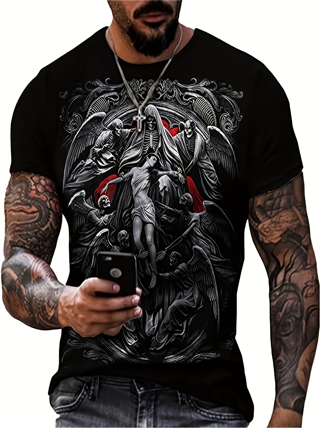Gothic Skeleton Graphic T-shirt for Men Vintage 3D Print Stretchy Crew Neck