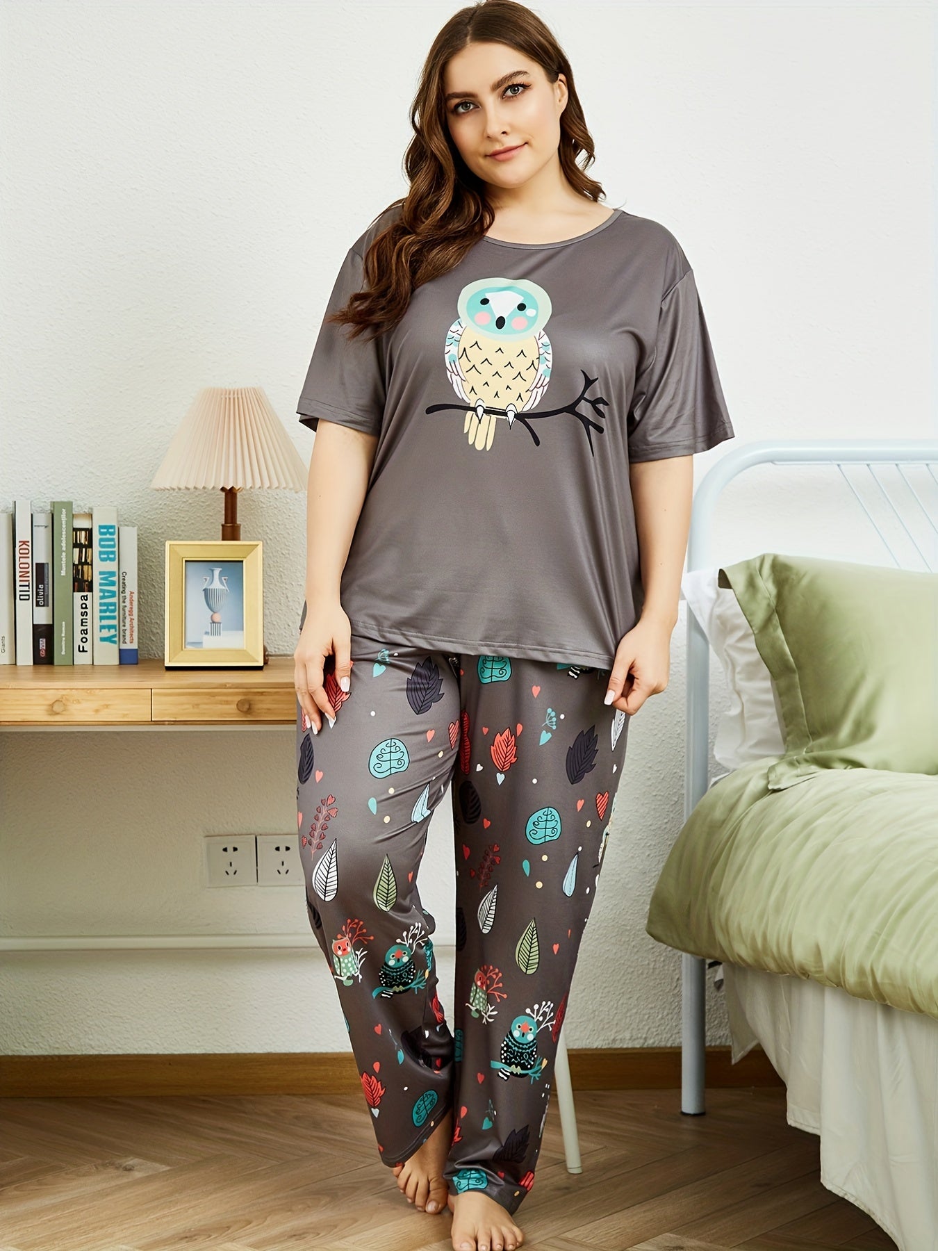 Owl Print Short Sleeve Top & Leaf Pants Pajama Set