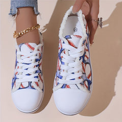 Women's Baseball Canvas Sneakers Round Toe Lace Up Flat Shoes