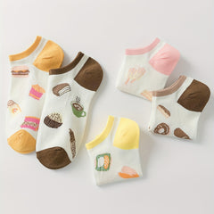 5 Pairs Cartoon Food Print Socks & Ankle Socks Women's Stockings