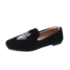 Women's Cat Embroidered Faux Fur Moccasin Slip-On Shoes