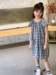 Girl's Plaid Jumpsuit Casual Shorts Sleeve Crew Neck Sports Jumpsuit