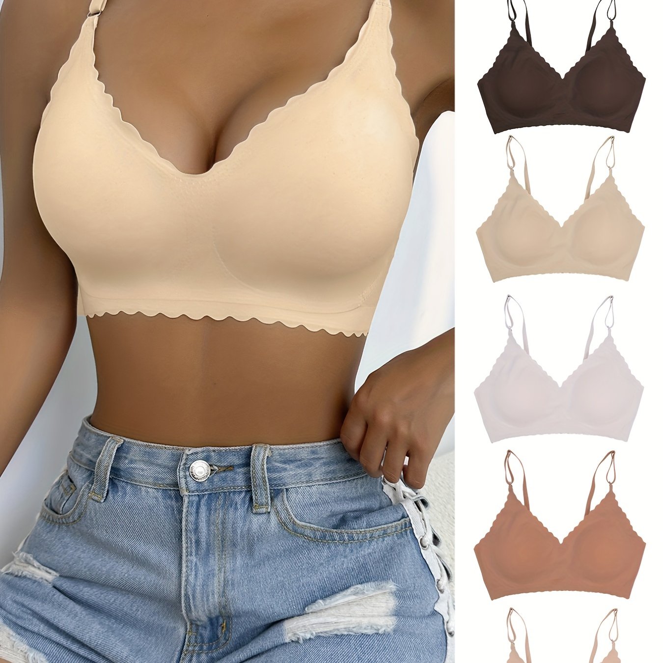 5 Seamless Wireless Bras Comfy & Breathable Scallop Trim Women's Lingerie