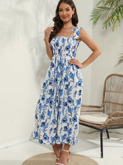 Plus Ribbed Floral Print Tie Shoulder Pleated Cami Maxi Dress