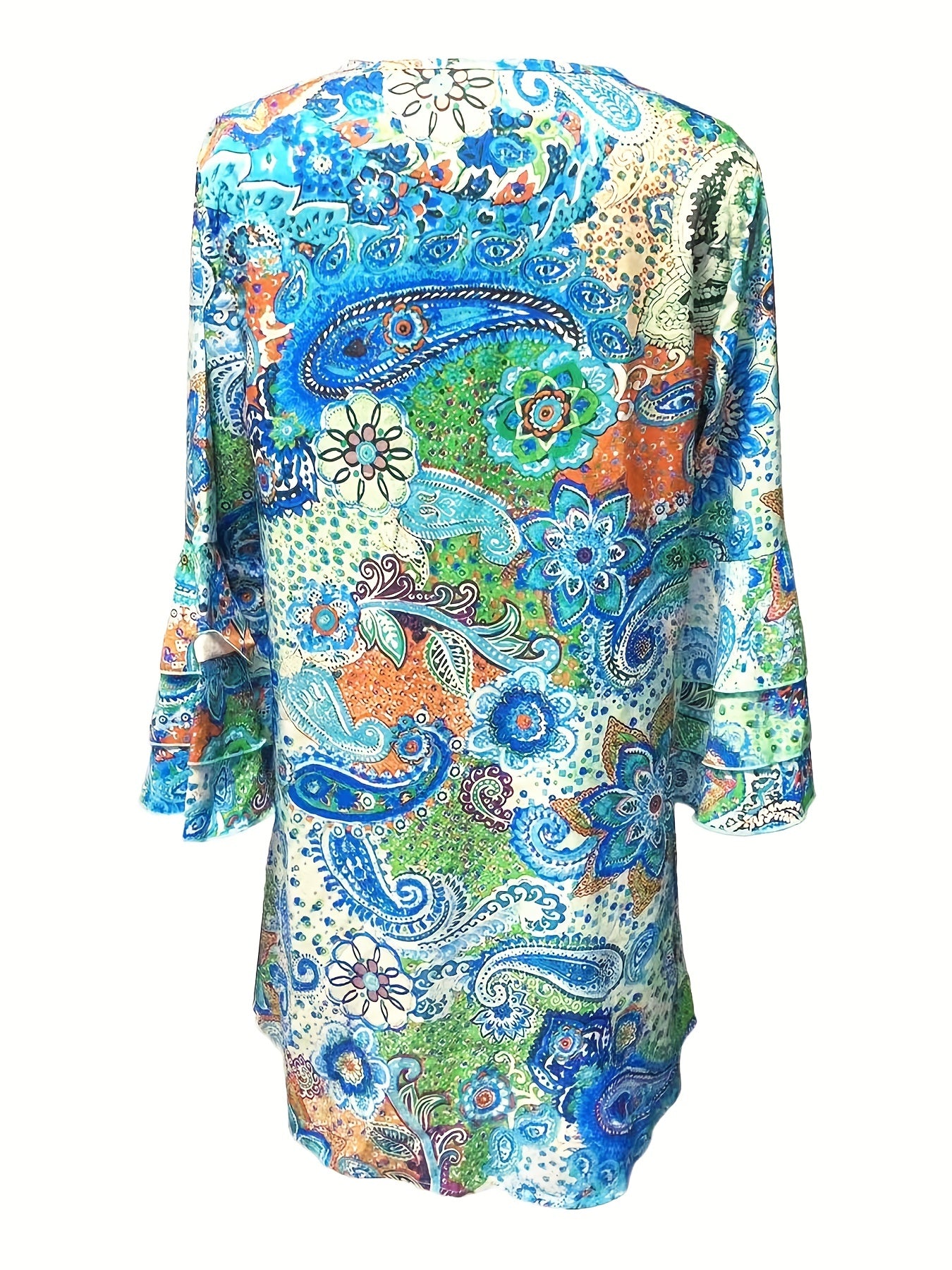 Paisley Print Layered Dress V Neck Flared Sleeve Dress