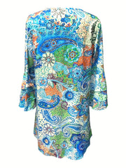 Paisley Print Layered Dress V Neck Flared Sleeve Dress