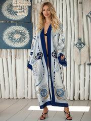 Boho Kimono Chain & Scarf Print Long Sleeve Open Front Beach Cover Up