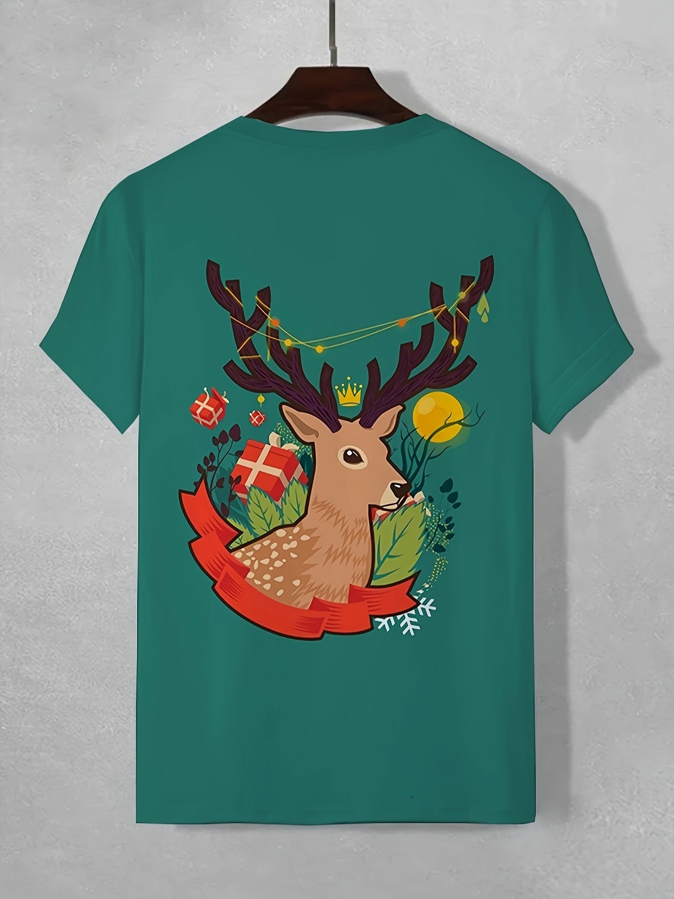 Christmas Reindeer Print T shirt Men's Casual Street Style Tee Shirt