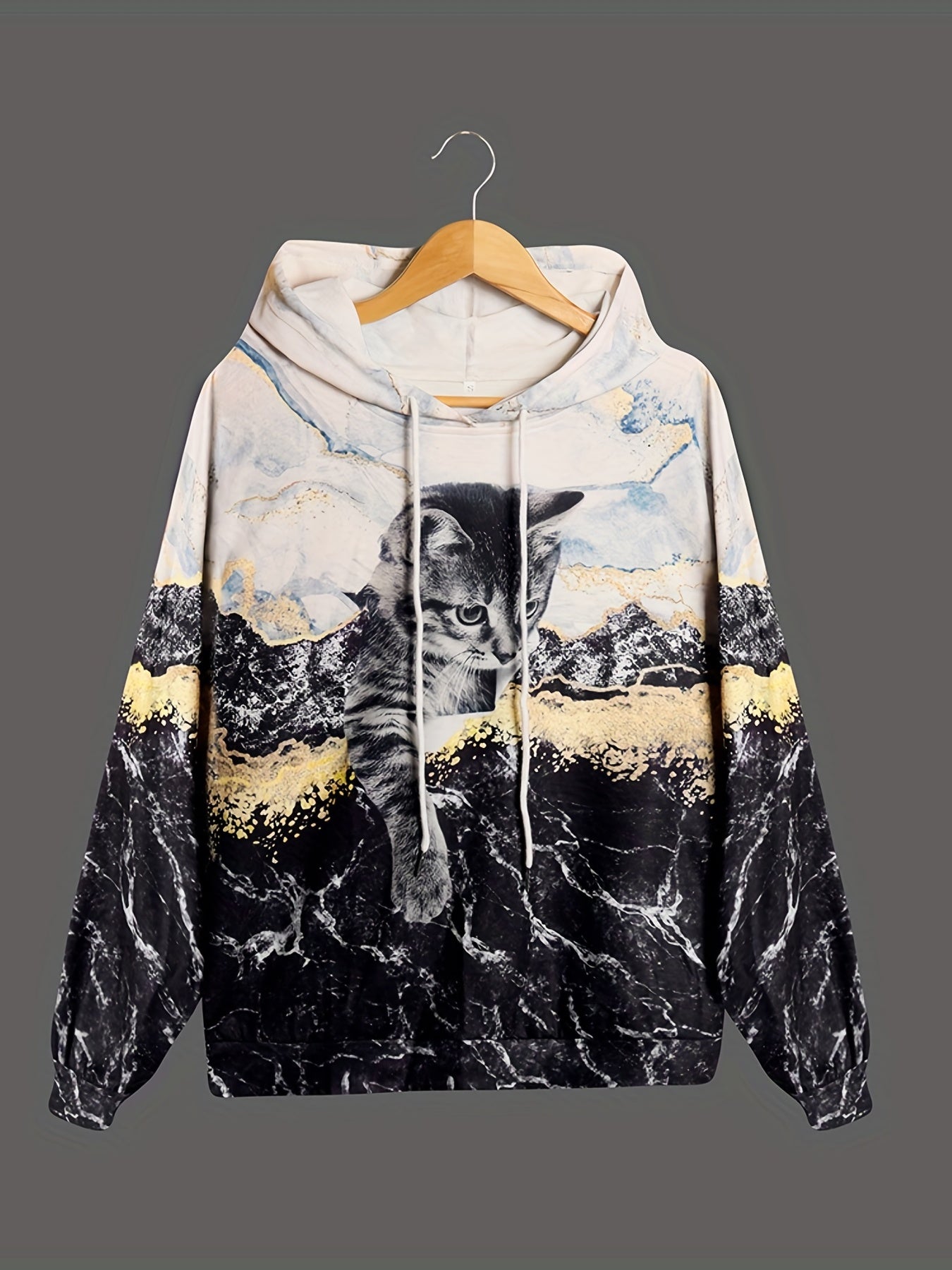 Cat Print Hooded Sweatshirt Women's Sporty Sweatshirts