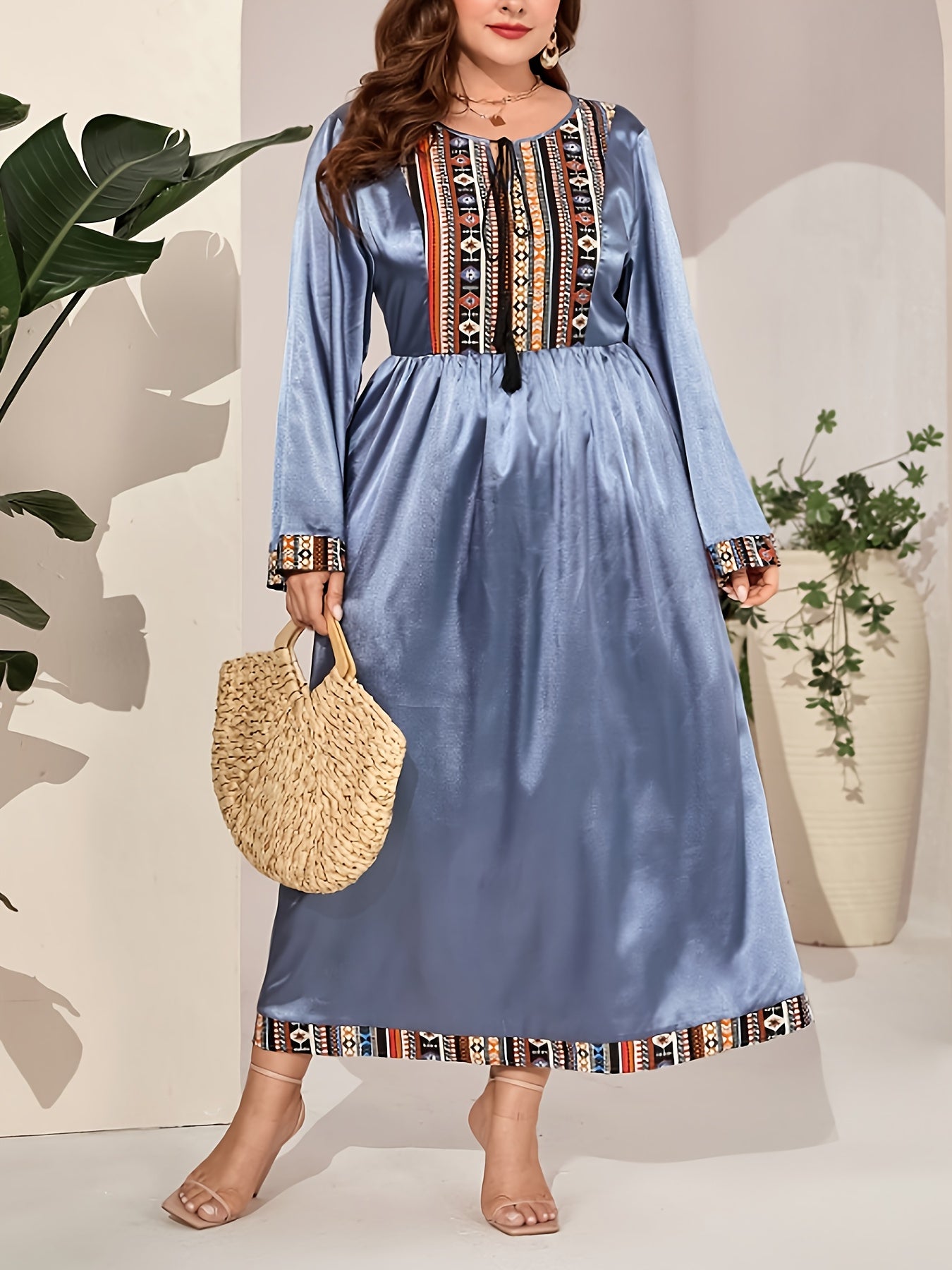 Abaya Dress Women's Plus Geometric Print Maxi Jalabiya Dress
