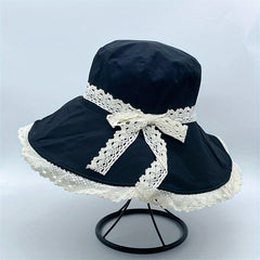 Bowknot Lace Decor Bucket Hat Wide Brim Sun Hat for Travel Beach