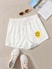 Smile Face Print Hotpants Yoga Drawstring Waist Shorts