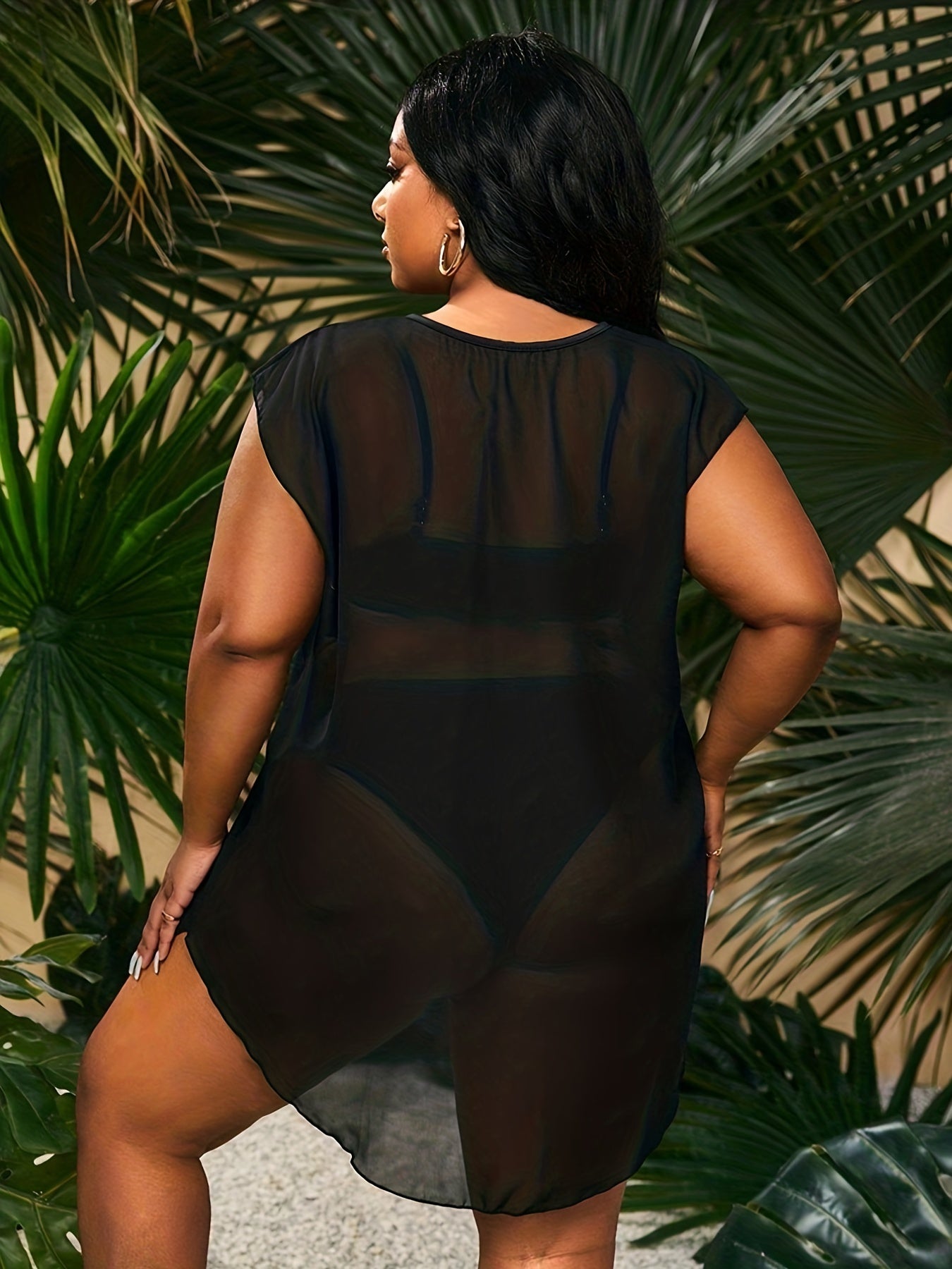 Solid Notched Ring V Neck Cover Up Dress Beachwear Dress