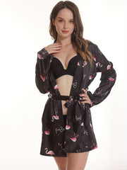 Flamingo Print Night Robe Long Sleeve V Neck Robe Women's Sleepwear
