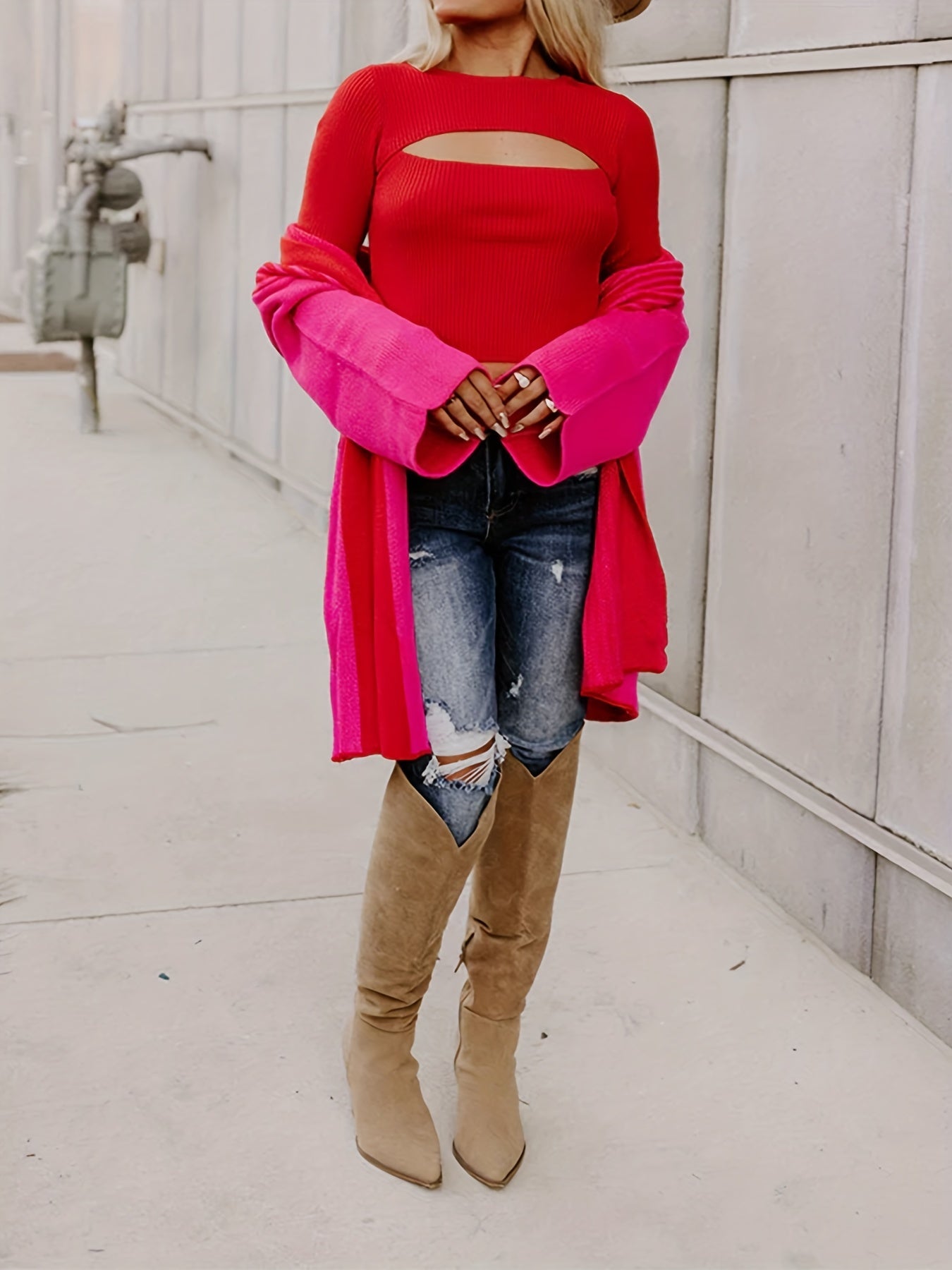Colorblock Long Sleeve Open Front Cardigan