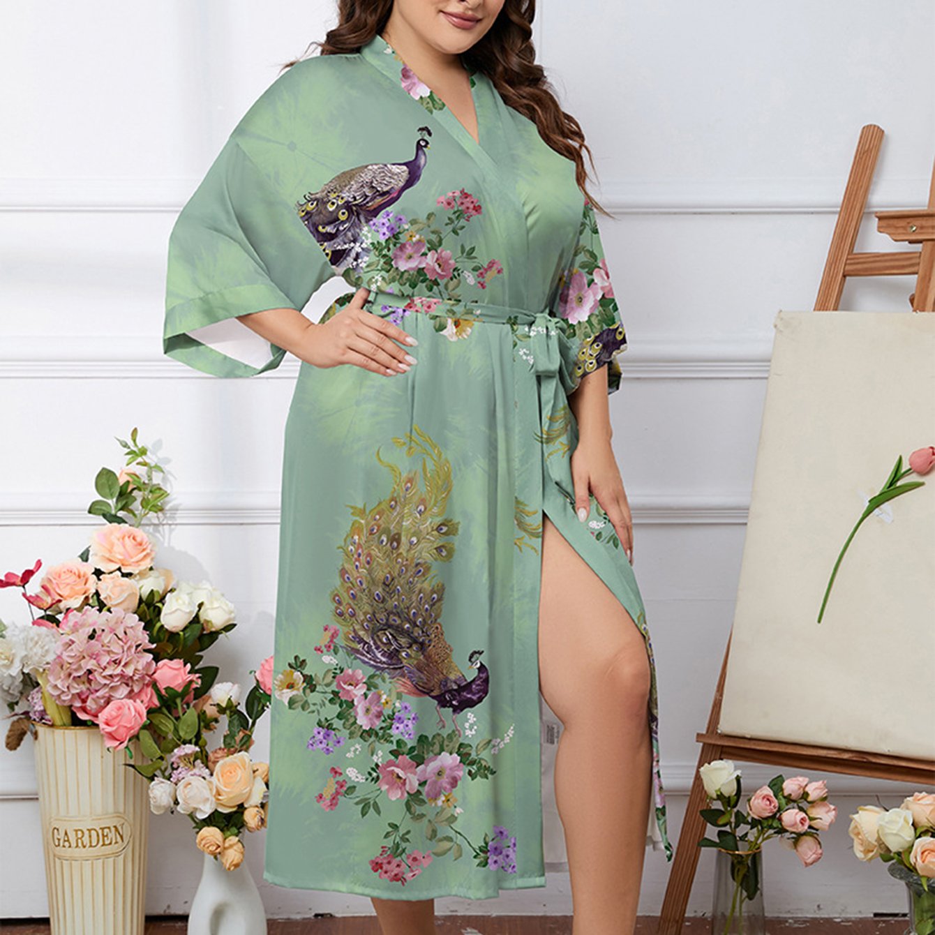 Satin Floral & Peacock Print Robe