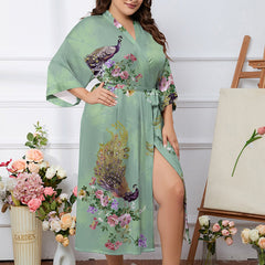 Satin Floral & Peacock Print Robe