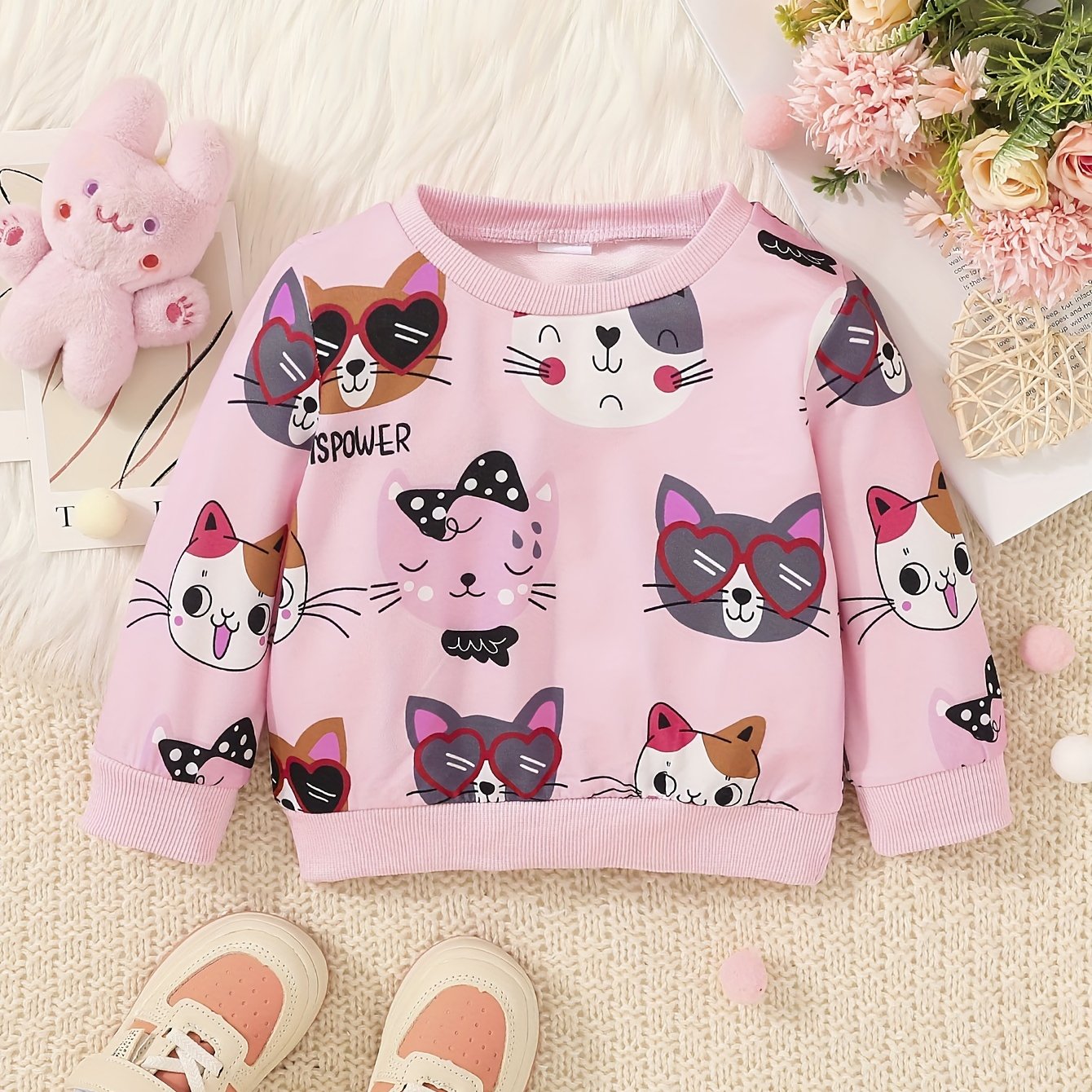 Cat Family Cartoon Ribbed Sweatshirt Crew Neck for Kids