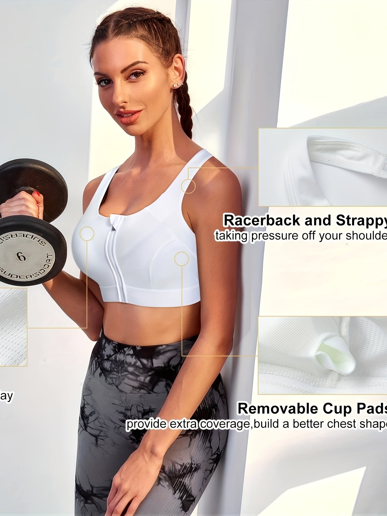 High Support Sports Bra Zipper Closure Padded Racerback for Women