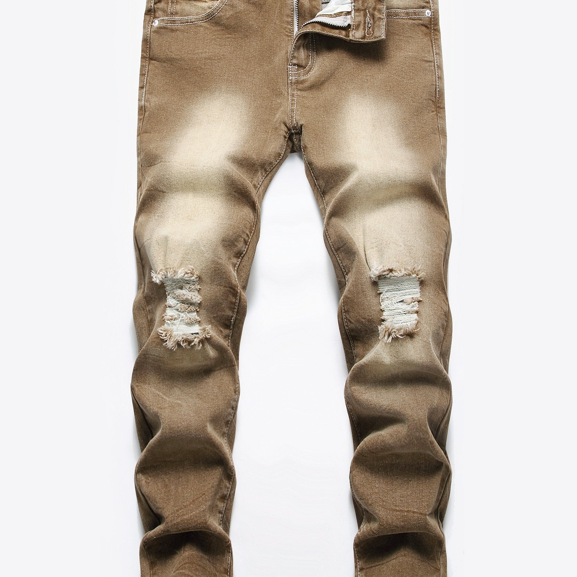 Boys Ripped Olive Brown Jeans Skinny Slim Fit Washed Denim Long Pants