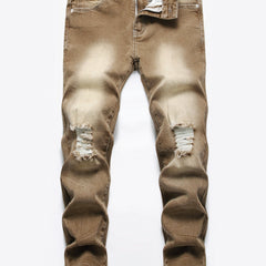 Boys Ripped Olive Brown Jeans Skinny Slim Fit Washed Denim Long Pants