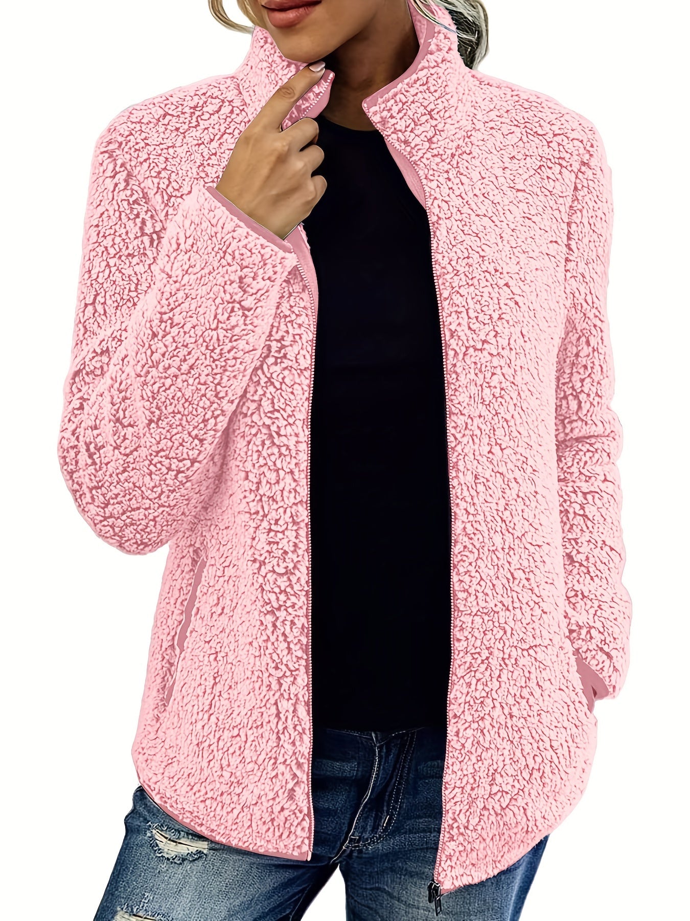 Solid Teddy Jacket Stand Collar Warm Outerwear Women's Clothing