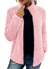 Solid Teddy Jacket Stand Collar Warm Outerwear Women's Clothing