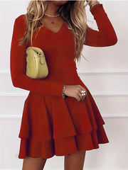 Solid Long Sleeve V Neck Layered Dress