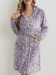 Leopard Hooded Fuzzy Night Robe Warm Long Sleeve Robe