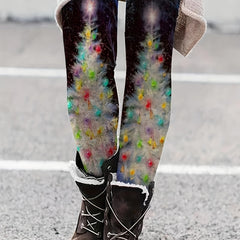 Christmas Tree Print Skinny Leggings Elastic Waist Stretchy Women's Clothing