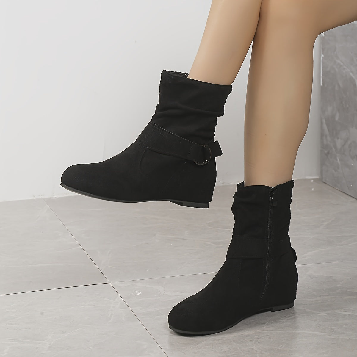 Women's Buckle Slouch Short Boots Round Toe Ankle Boots