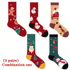 5 Pairs Christmas Print Socks Women's Mid Tube Stockings & Hosiery