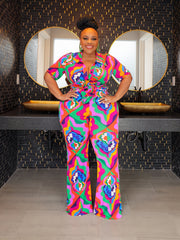 Women's Plus Floral Print Ruched Front Shirt & Pants Set
