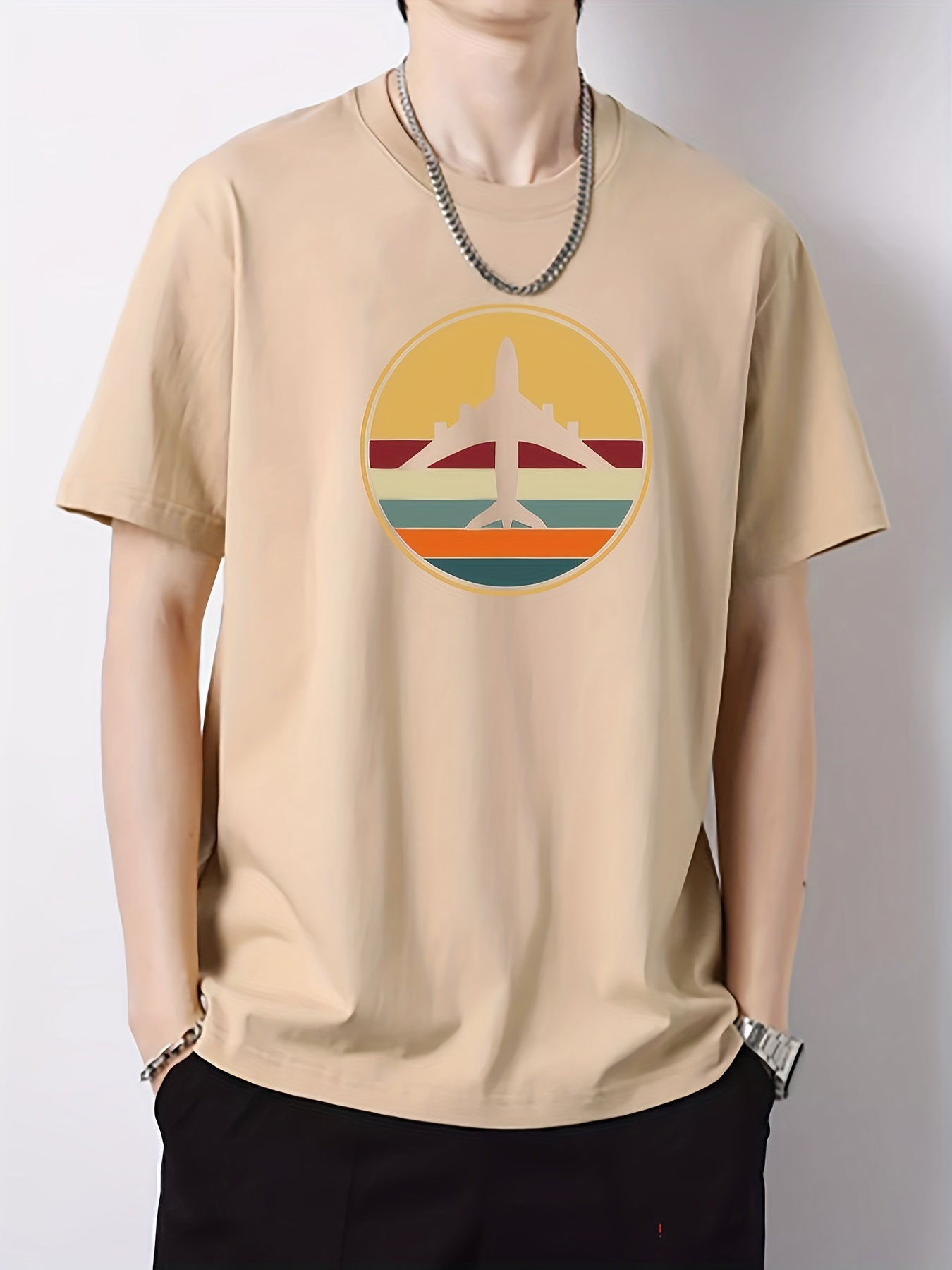 Air Plane Print Men's Cotton Graphic Crew Neck Active T shirt