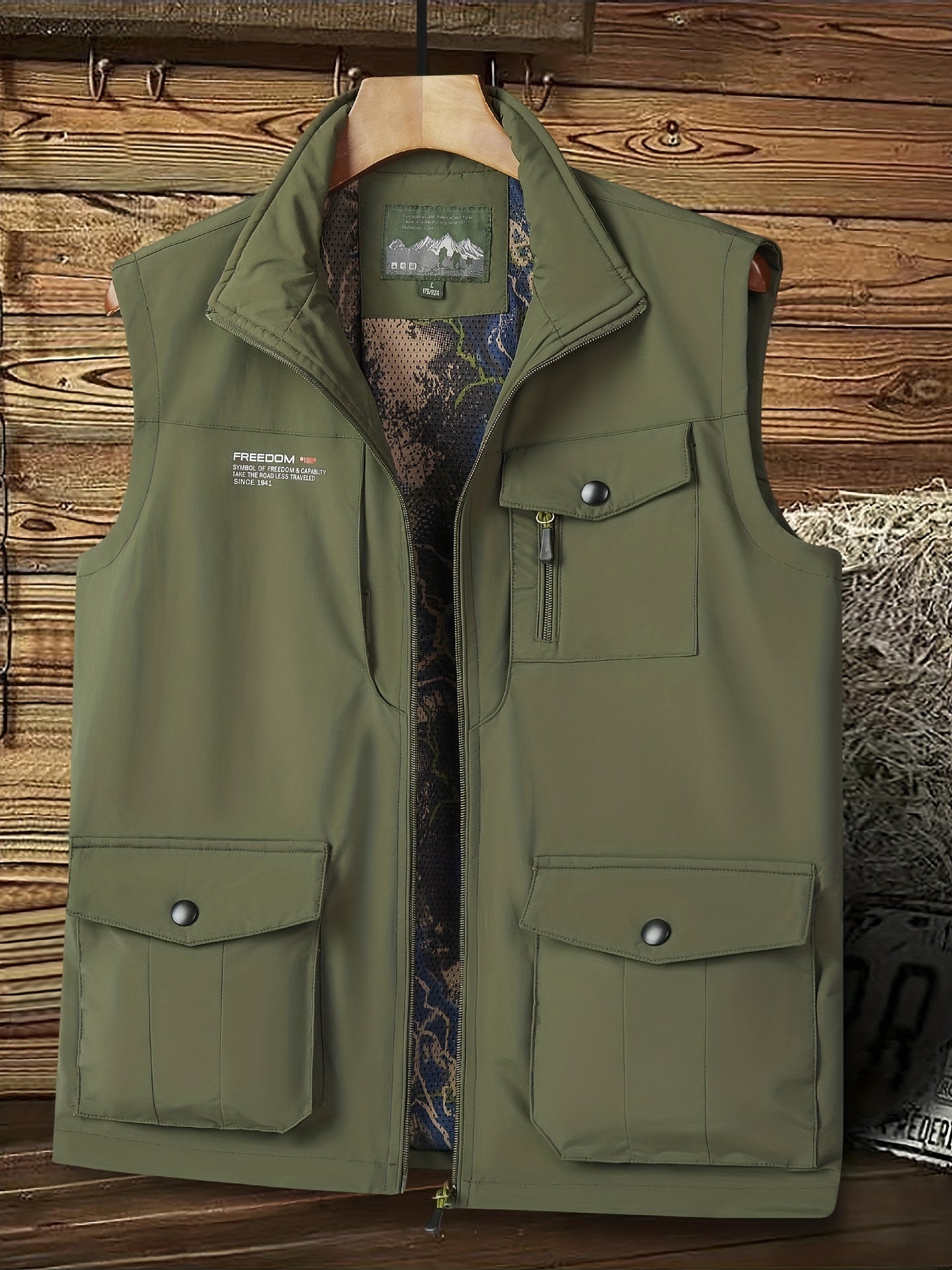 Men's Cargo Vest Stand Collar Zip Up Outwear