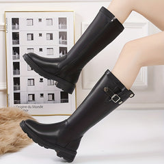 Women's Knee Boots Round Toe Side Zip Plush Lining Chunky Platform Sole